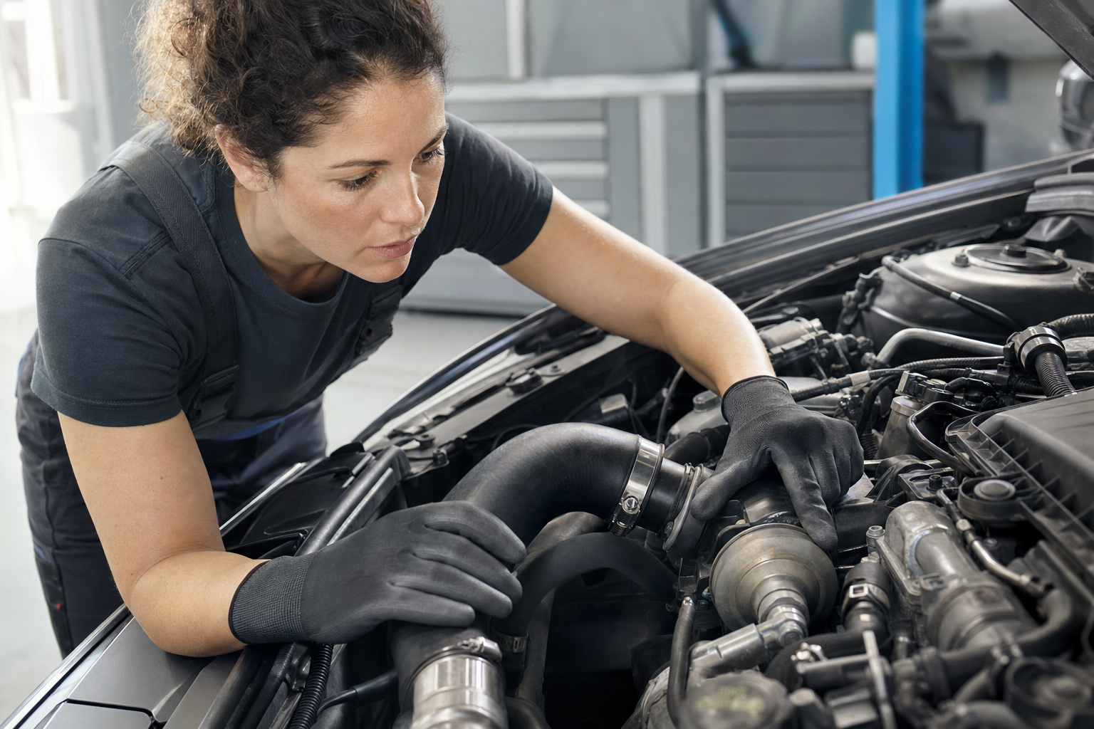 Mechanic in black gloves inspecting a car engine in a workshop.