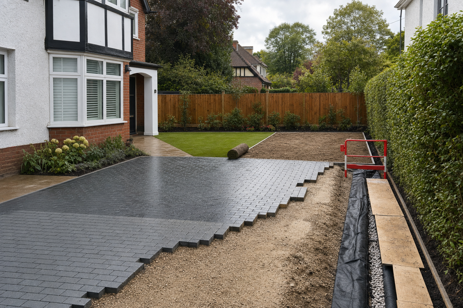 A semi-detached house with ongoing driveway and garden construction, featuring paving stones and a roll of grass turf.