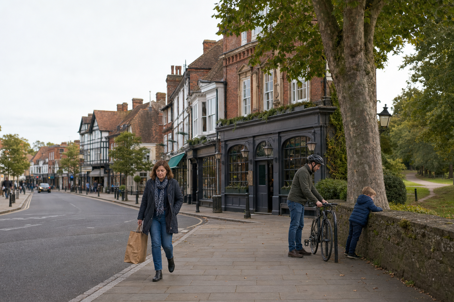 A woman carries a shopping bag on a quaint street, while a man and child are near a bicycle by a tree.
