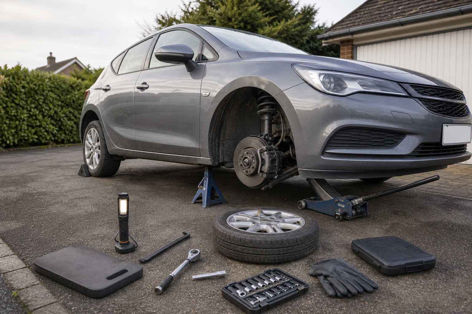 Car on jack stands with one wheel removed, surrounded by tools and a flashlight on a driveway.