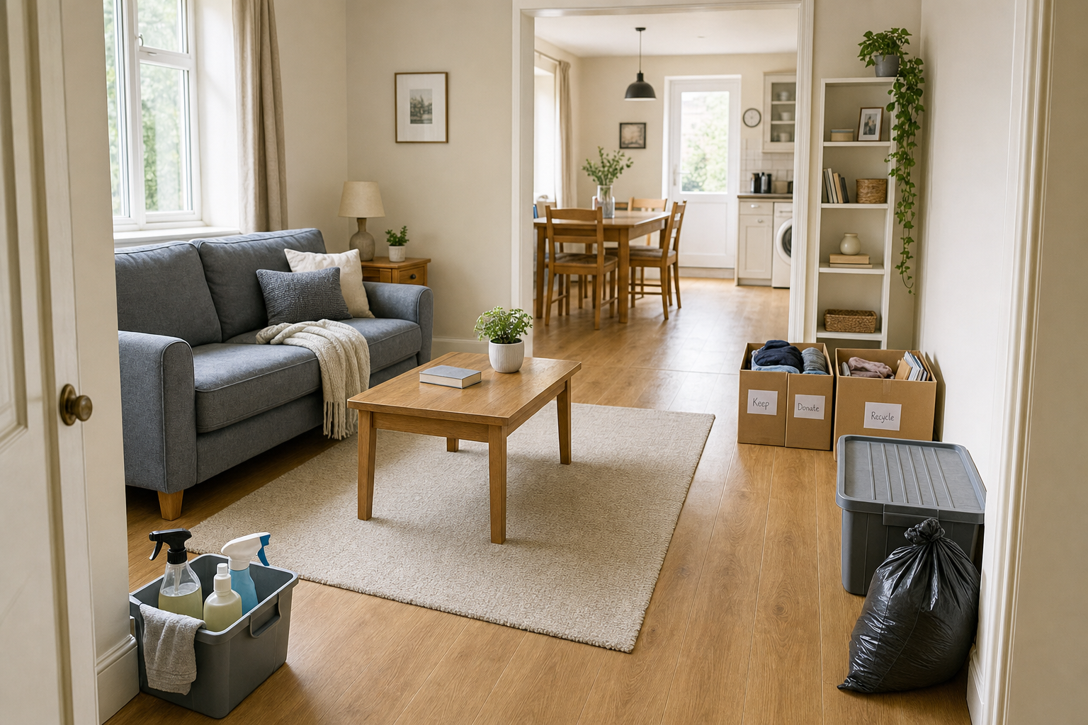 Organised living room with a blue sofa, wooden coffee table, and boxes for sorting items labeled keep, donate, and recycle.
