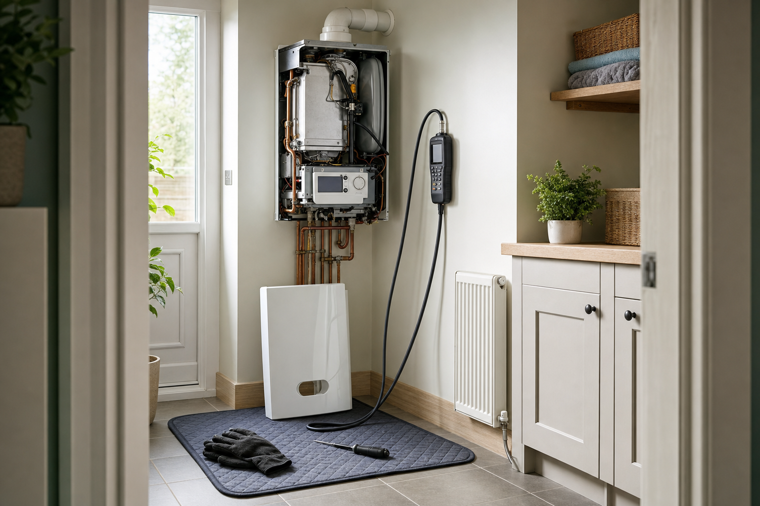 A boiler with exposed pipes in a utility room, alongside tools and a white panel, indicating maintenance work.