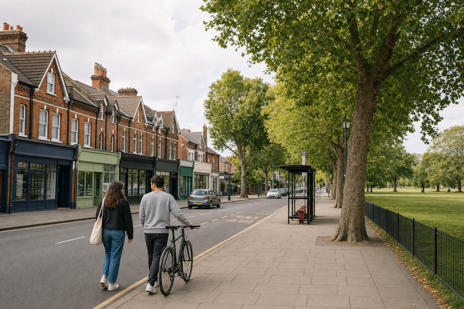 A couple walks down a leafy street with a bicycle near rows of brick shops and a grassy park.