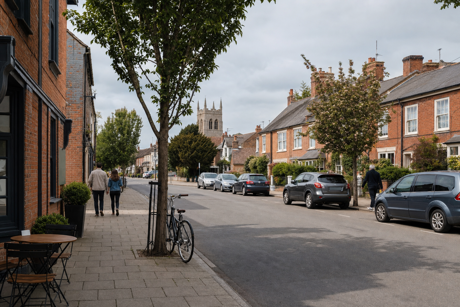 A couple strolls down a charming residential street lined with brick houses and parked cars, with a church spire in the background.