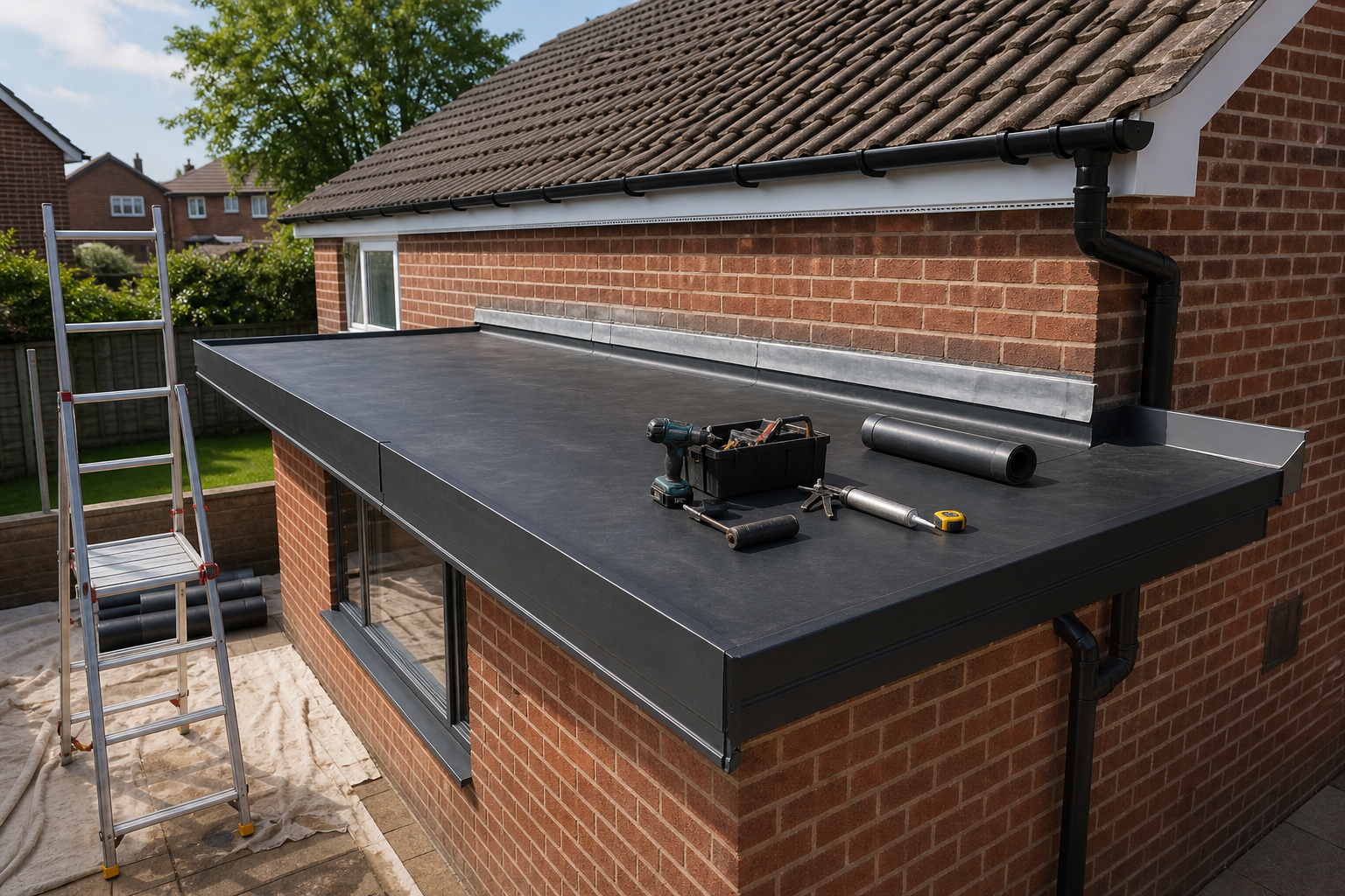 Flat roof installation on a brick house with tools and ladder in view.