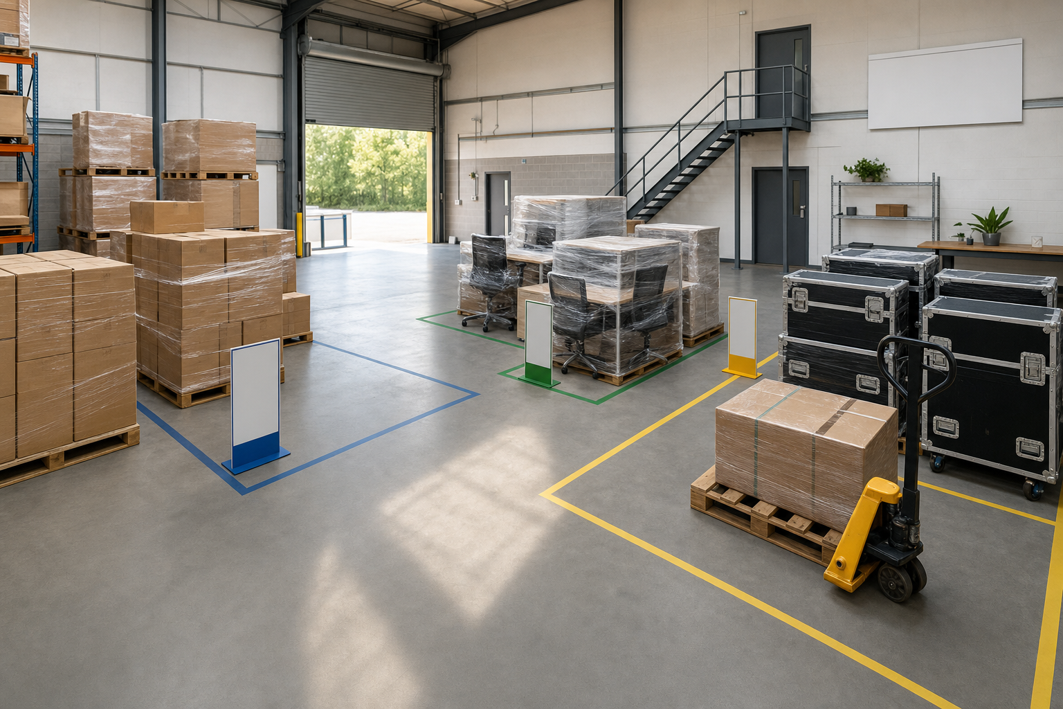 A spacious warehouse interior with neatly stacked pallets, boxes, and a pallet jack in the foreground.