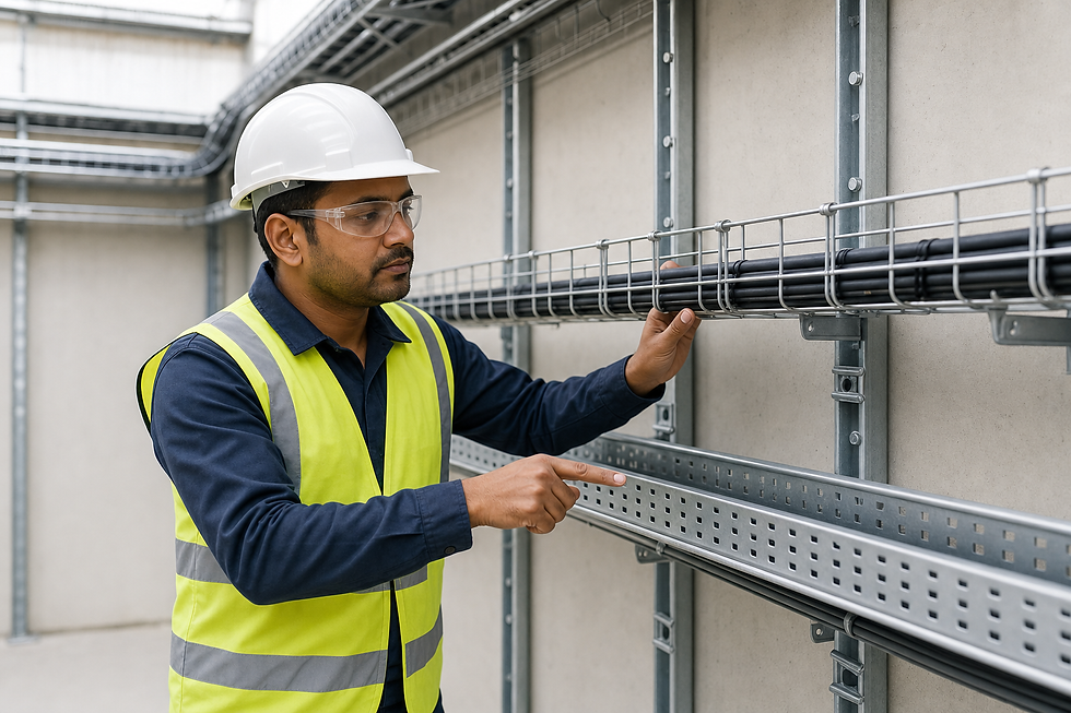 Construction worker in a hard hat and high-vis vest inspecting wiring on a cable tray.