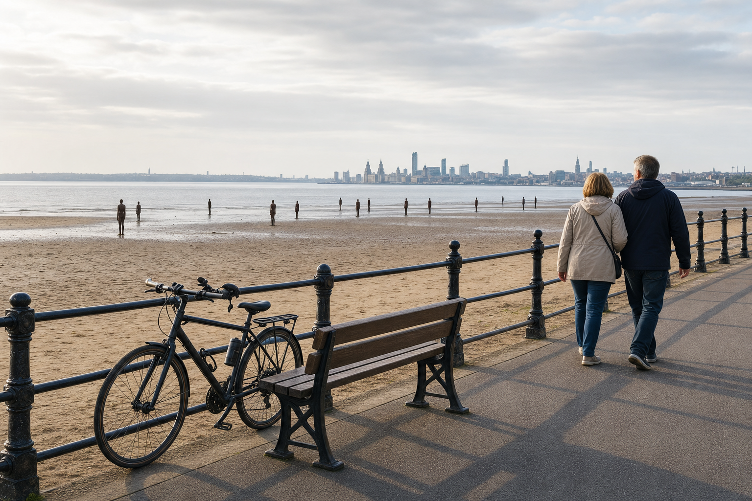 A couple walks along a coastal path beside sculptures on a beach with a bicycle resting against a fence.