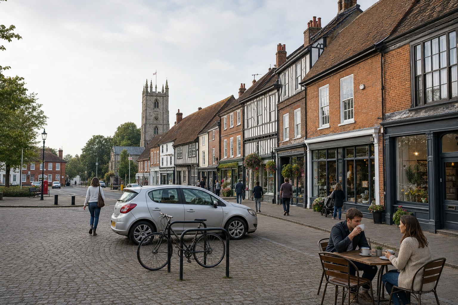 People walking past historic buildings and a church tower on a cobblestone street in a quaint town centre.