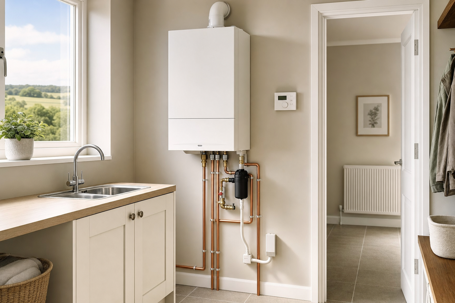 Modern boiler installed in a utility room with beige walls, a window view, and a stainless steel sink nearby.