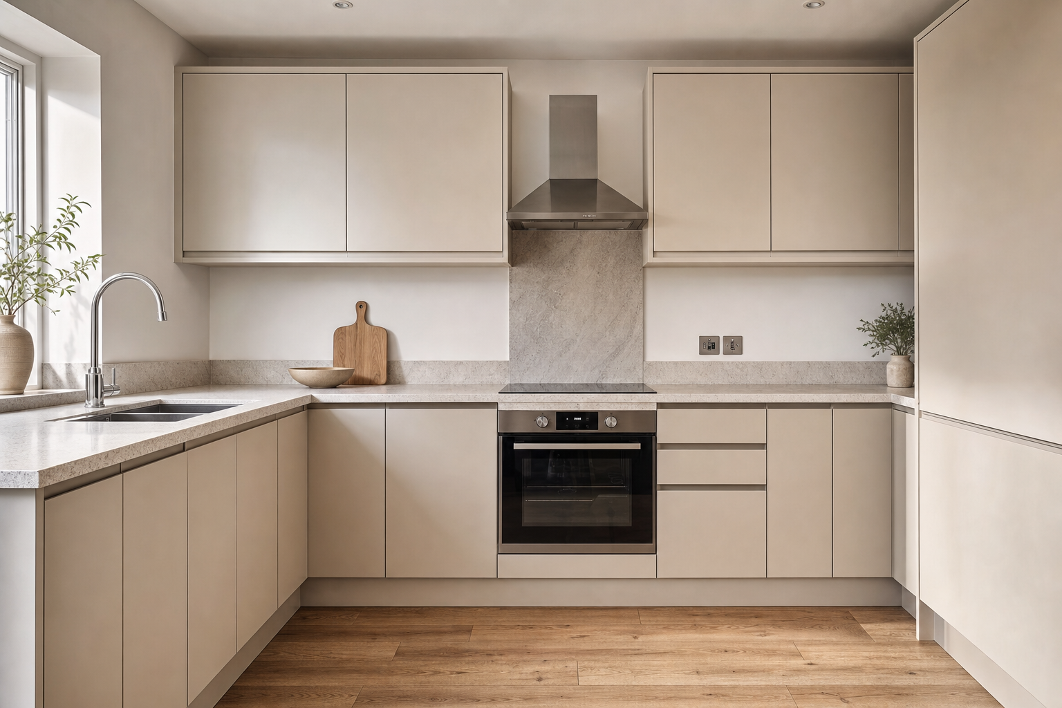 Modern kitchen with beige cabinetry, stainless steel appliances, and wooden flooring.