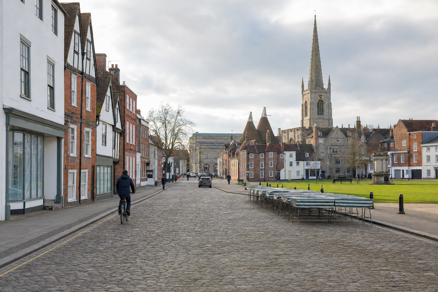 A cyclist rides along a quiet, cobbled street lined with historic buildings and a distant church spire.