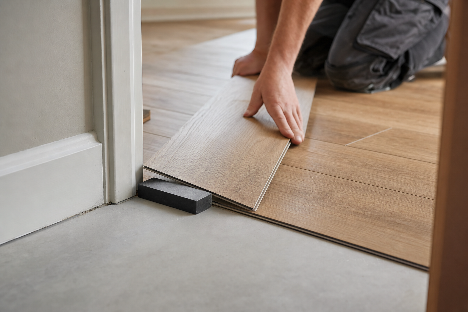 Person installing laminate flooring with a spacer near a doorway.