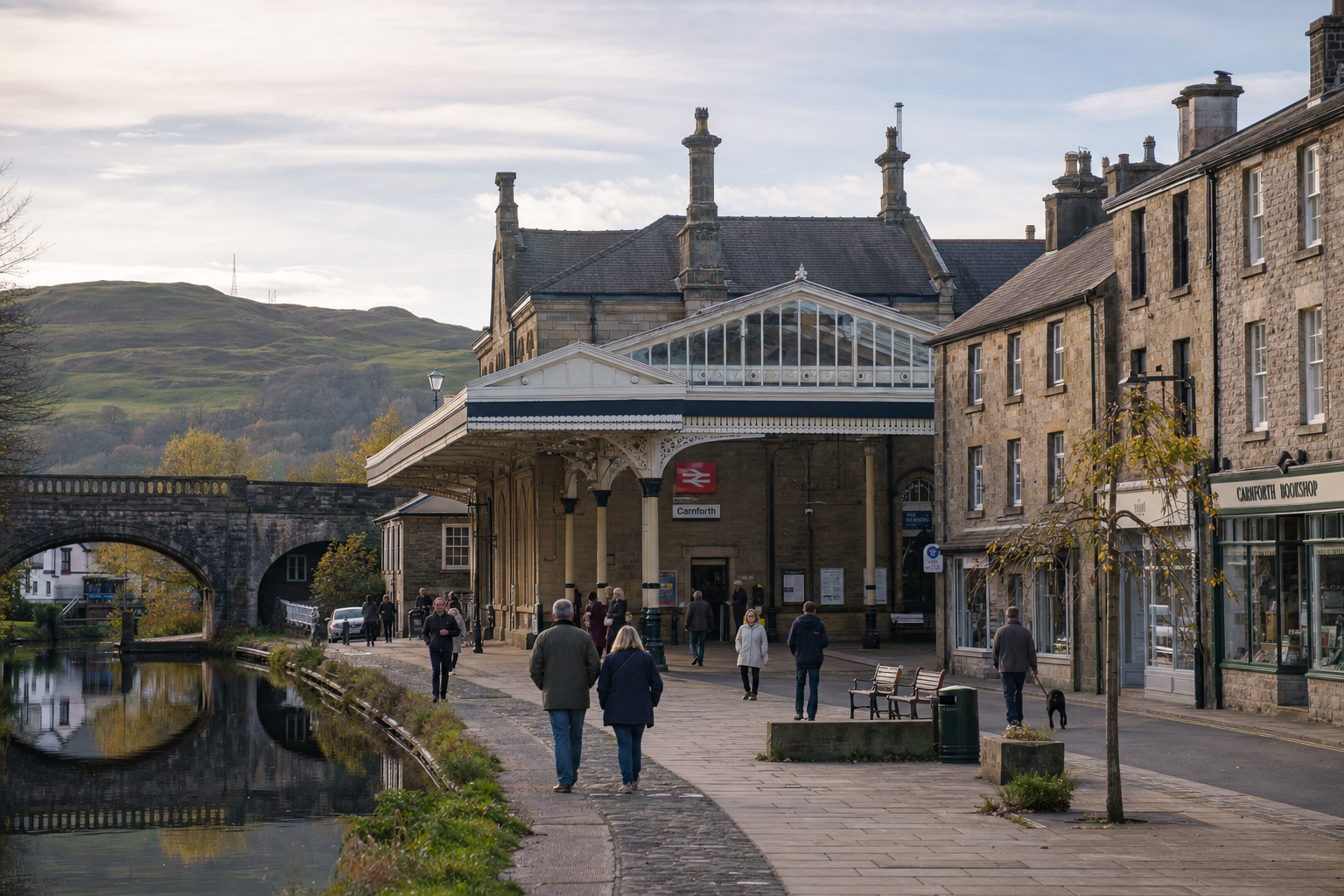 People walk along the canal path near Carnforth station, with hills in the background.