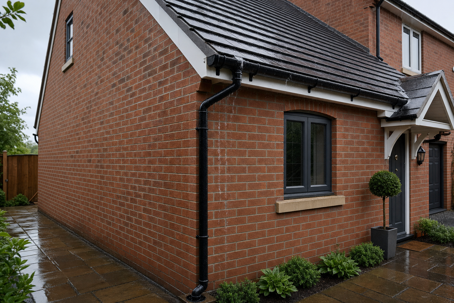 A red brick house with a grey tile roof and water draining down the black gutter on a rainy day.