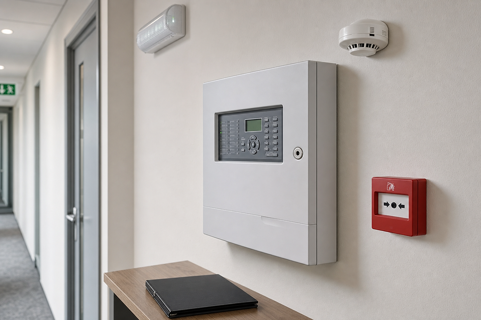 A fire alarm control panel mounted on a wall beside a manual call point and emergency light in a corridor.