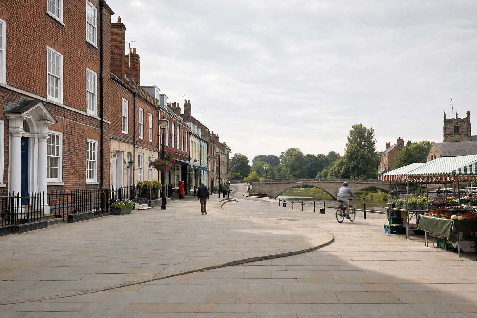 A cyclist rides past market stalls and historic buildings near a stone bridge in an English town.