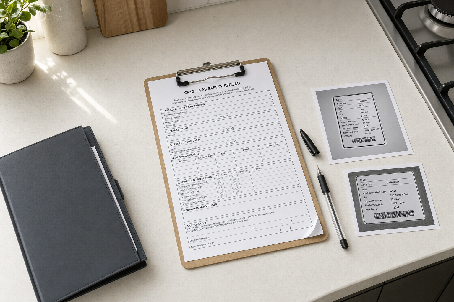 Gas safety record form on a clipboard placed on a kitchen counter next to pens and appliance labels.