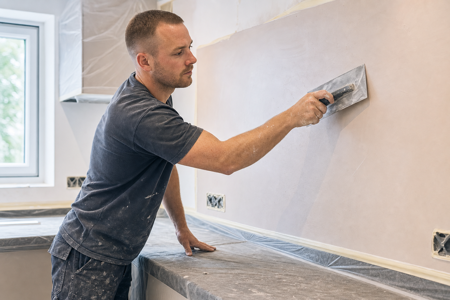 A man smoothing plaster on a wall in a kitchen with countertops covered for protection.