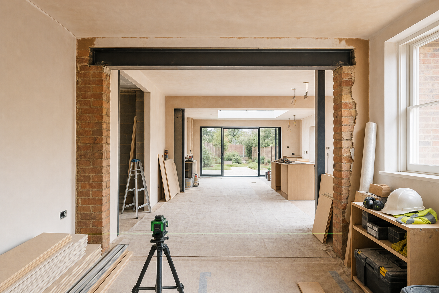 Open-plan extension under construction with exposed brick, a laser level, and large glass doors leading to a garden.