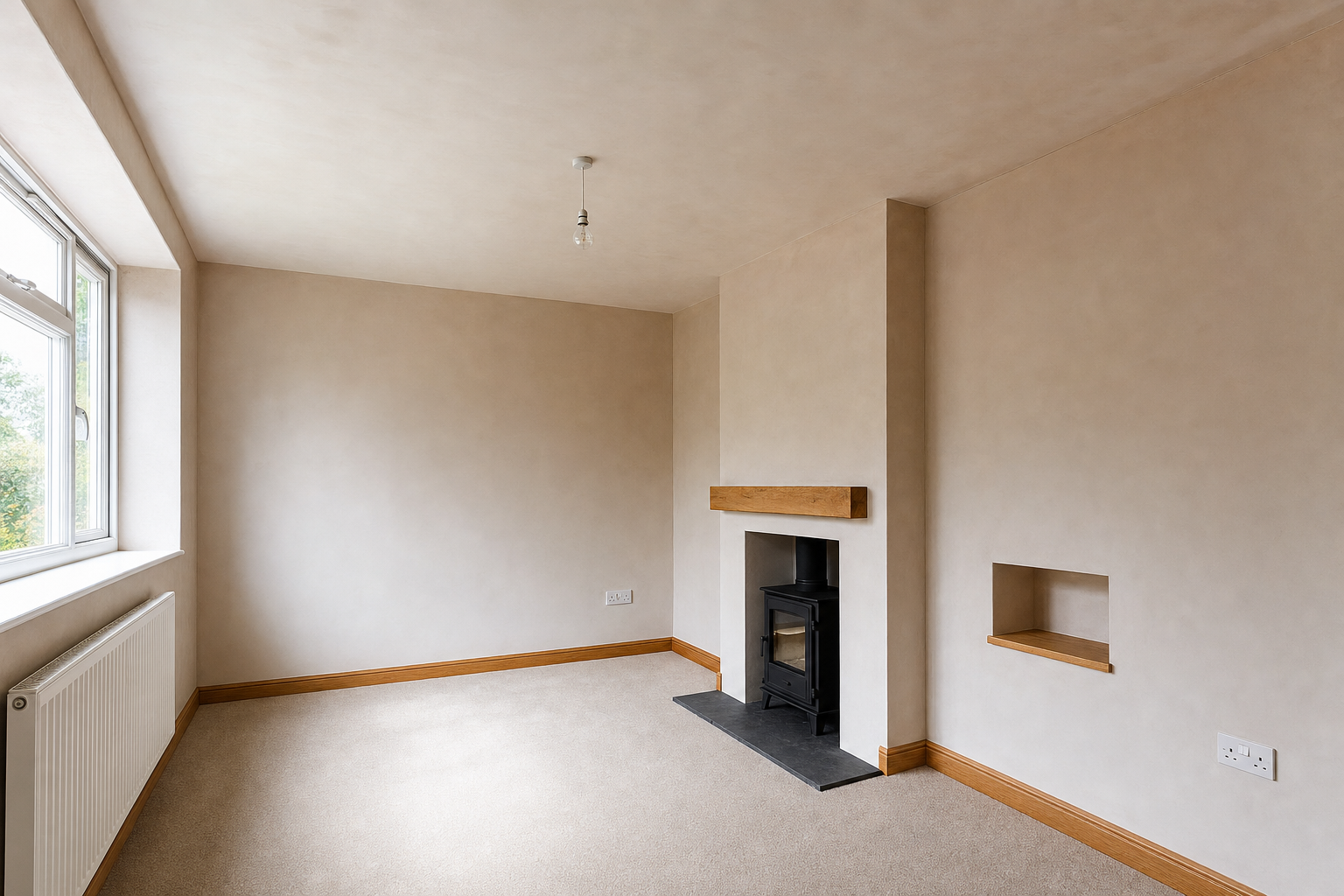 Empty room with beige walls, a wood-burning stove, and a large window on the left.