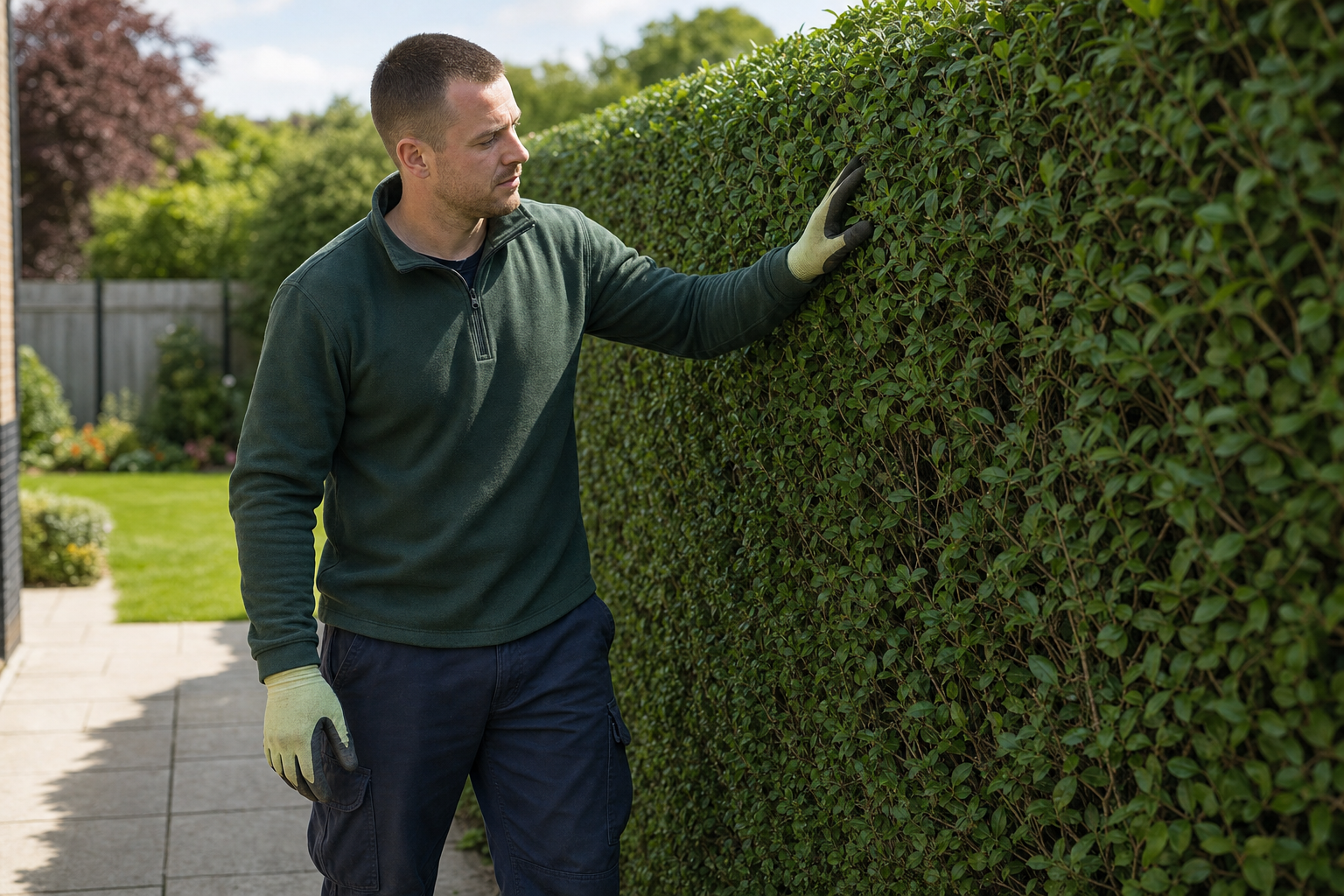 A gardener in gloves inspects a neatly trimmed hedge in a sunny garden.