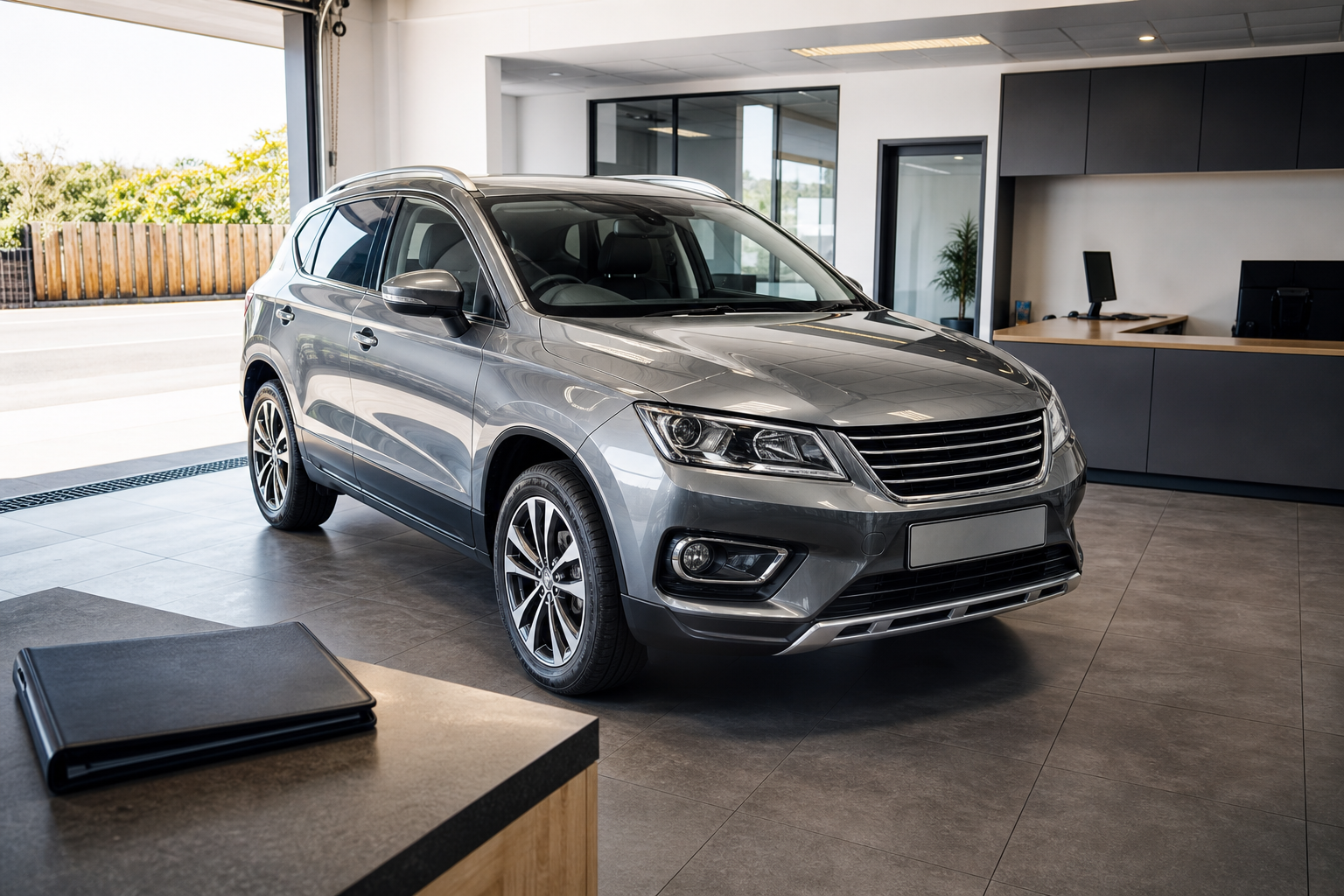 Silver SUV parked inside a modern showroom with a large open window.