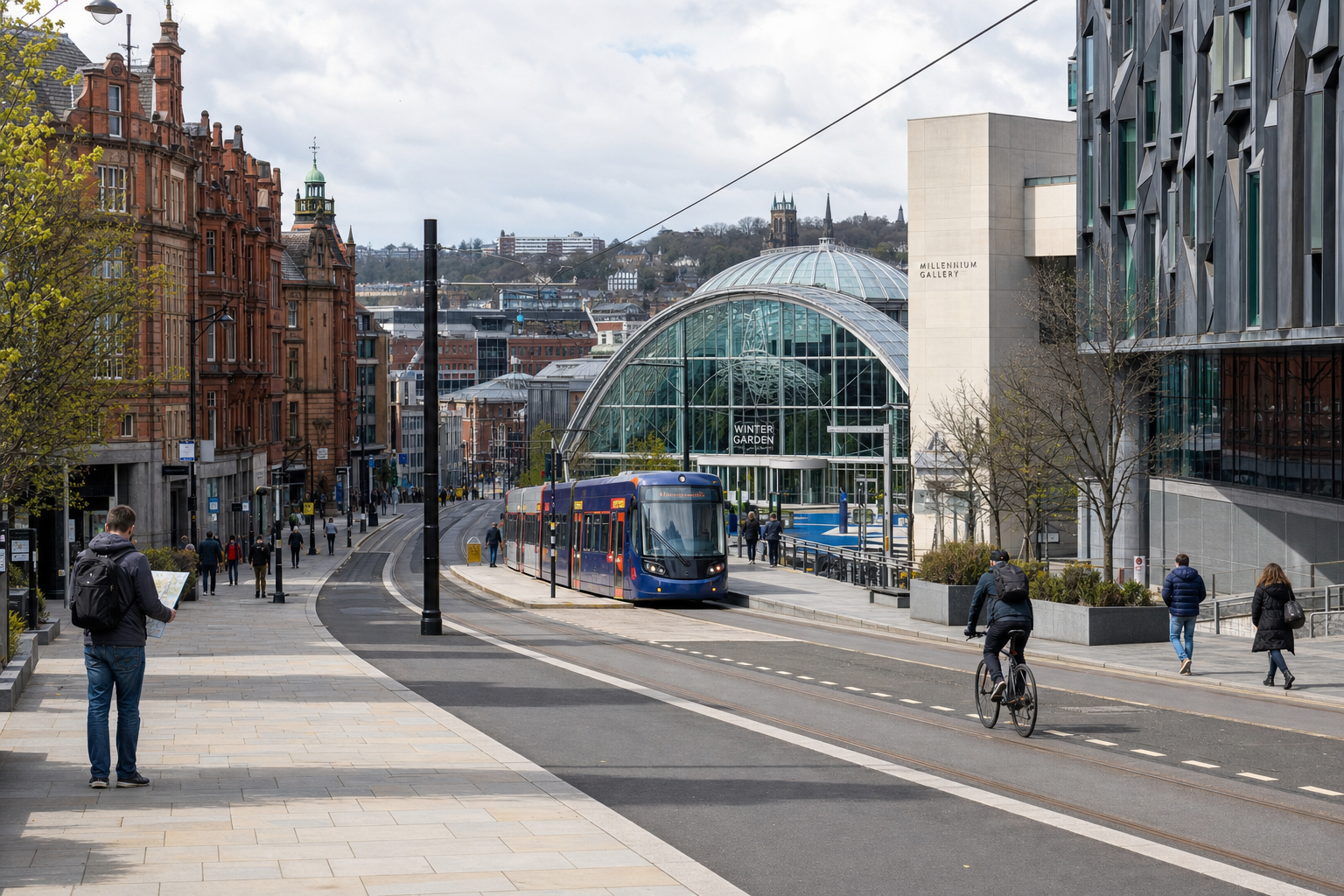 A tram travels down a modern urban street past the Winter Garden in Sheffield with people walking and cycling nearby.