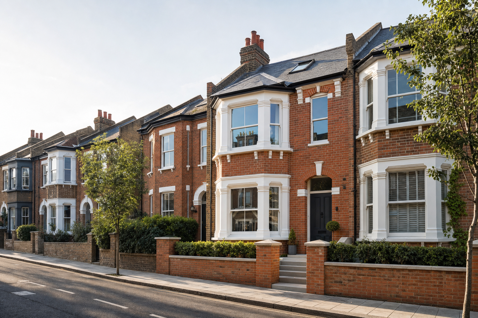 A row of traditional British terraced houses with red brick facades and bay windows, lined by a quiet street.
