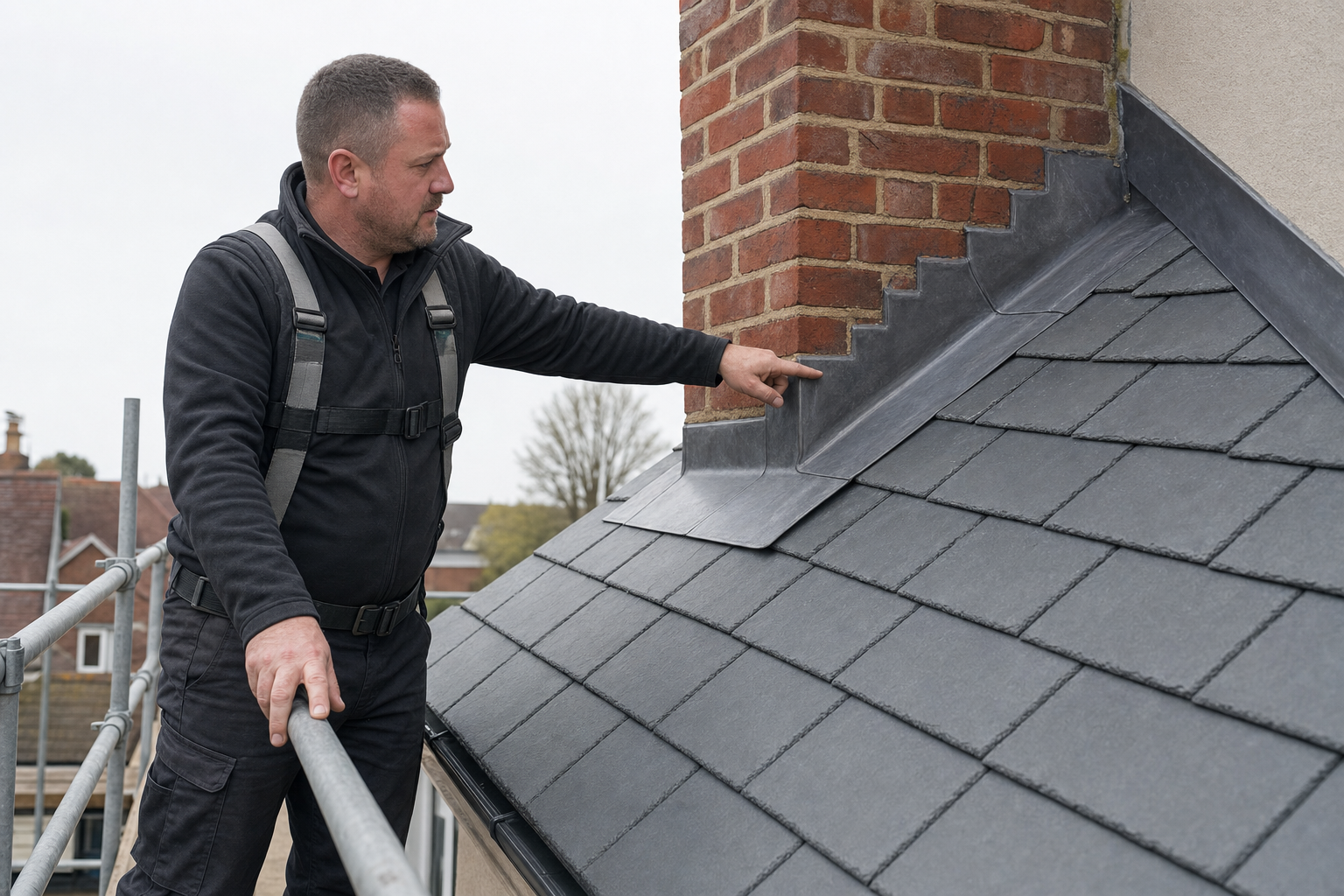 Roofer inspects flashing on a slate tiled roof next to a brick chimney.
