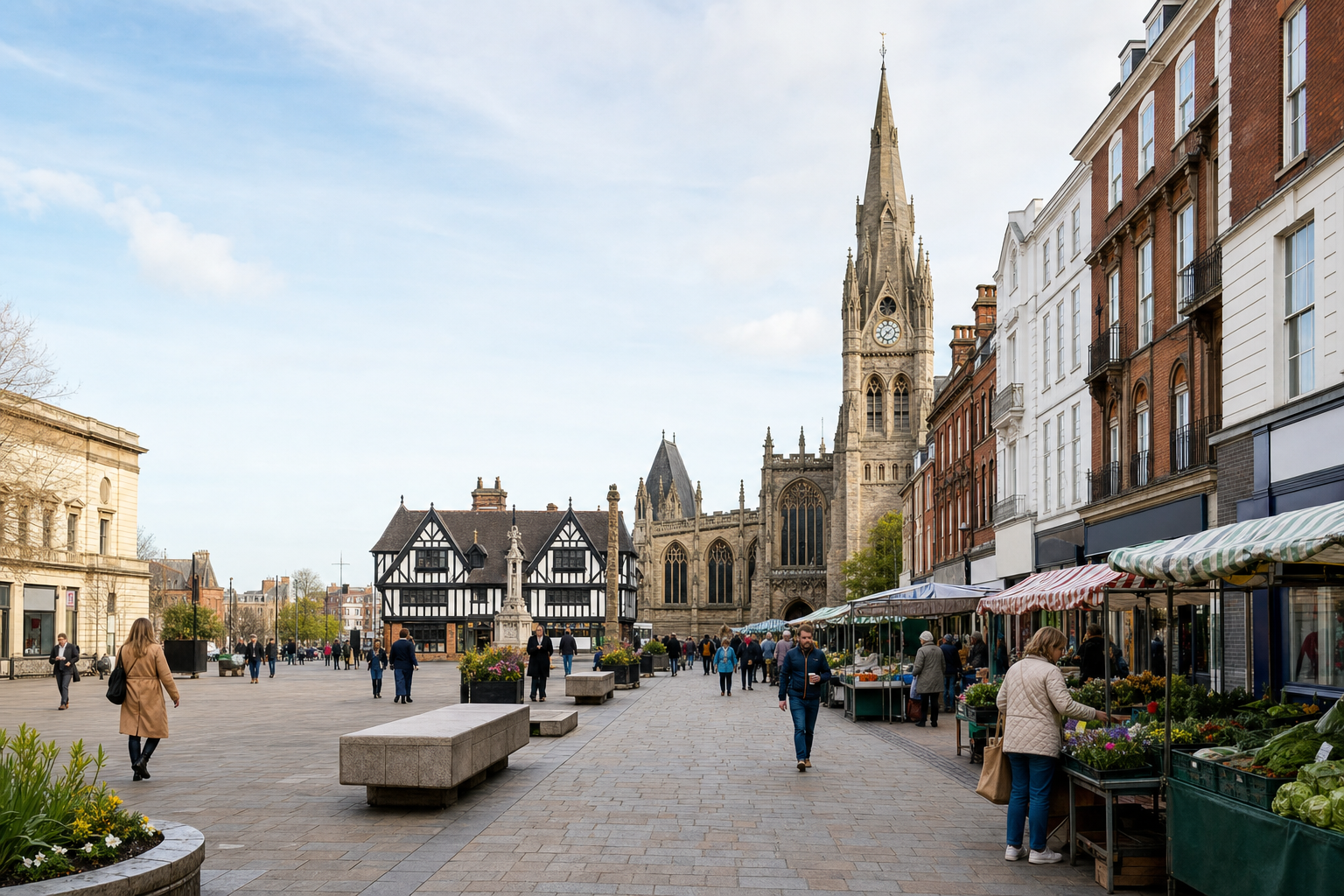 A bustling street market with a historic church tower in the background on a clear day.