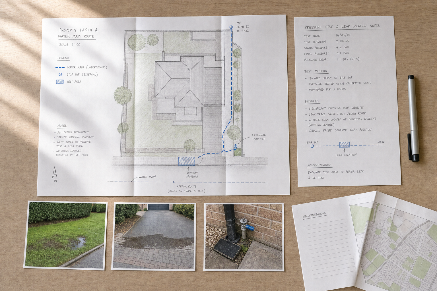 Blueprint and notes detailing a property's water-main route alongside photos of leak locations and a pen on a wooden surface.