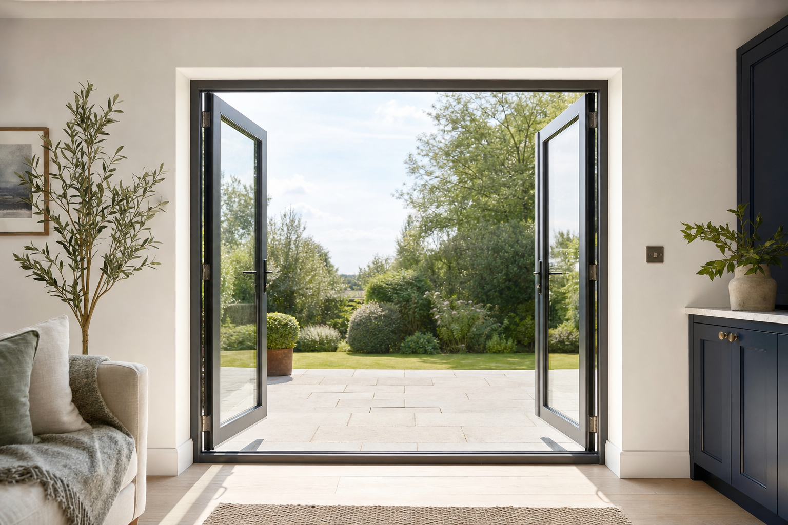 Open patio doors leading to a garden with lush greenery visible from inside a modern room.