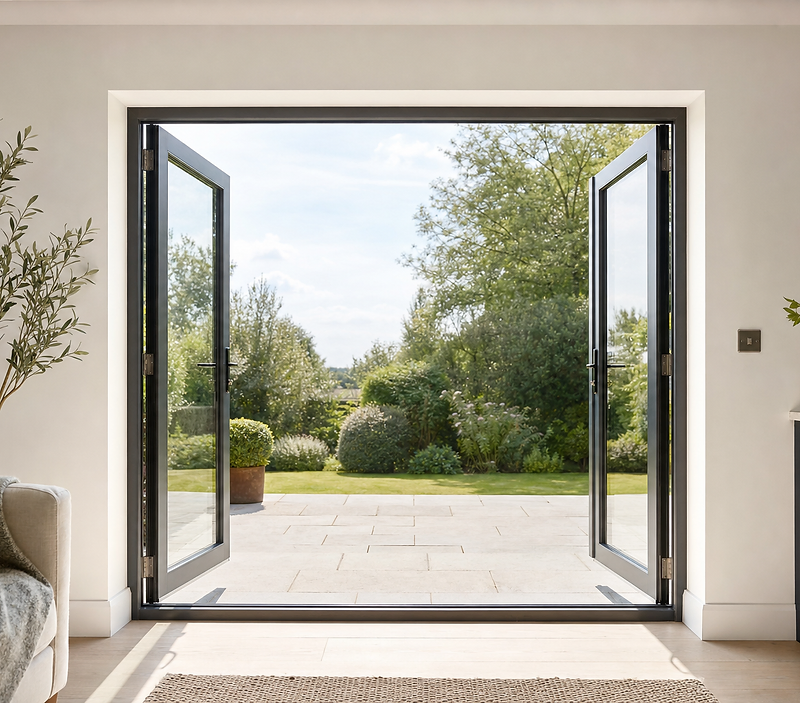 Open patio doors leading to a garden with lush greenery visible from inside a modern room.