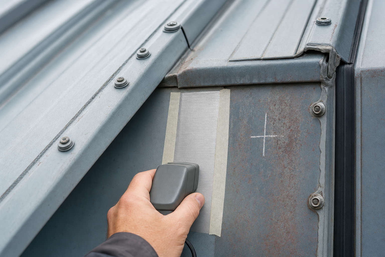 A hand holds a measurement tool against a metal roof with visible bolts and a marked area.