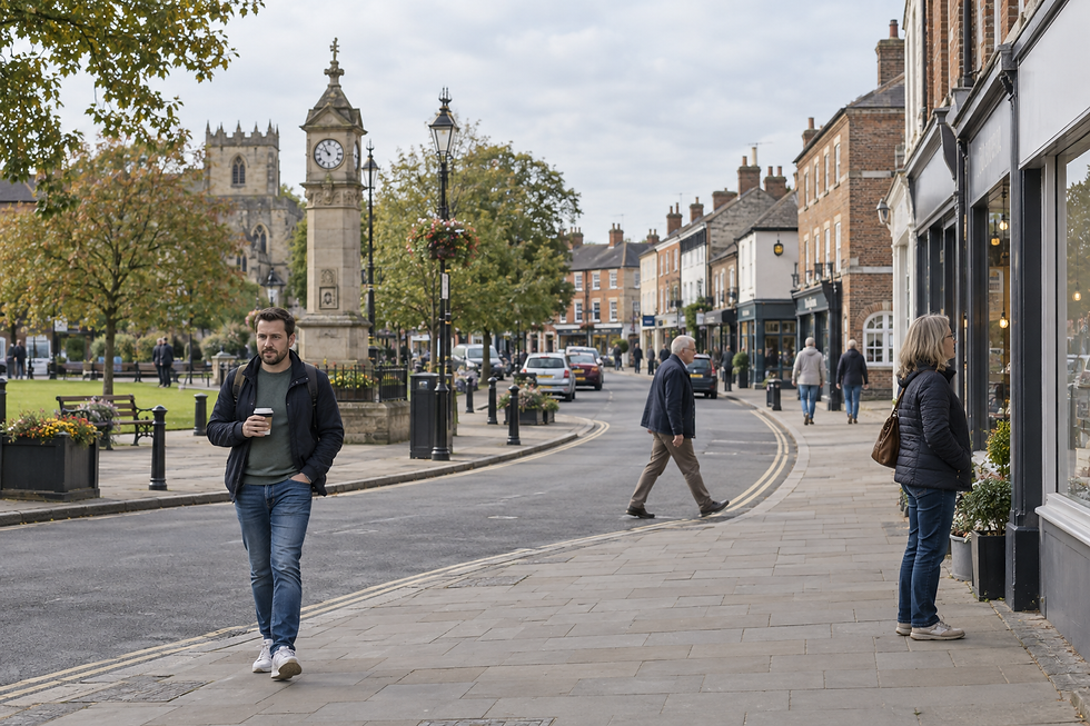 People walking and shopping on a quaint town street with a clock tower and church in the background.