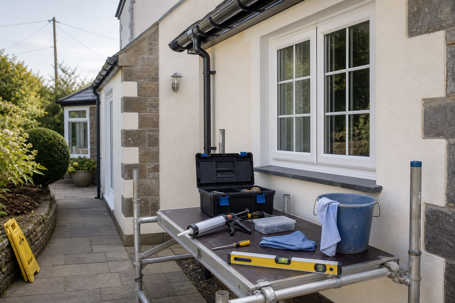 Tools and materials on a scaffold platform beside a house window.