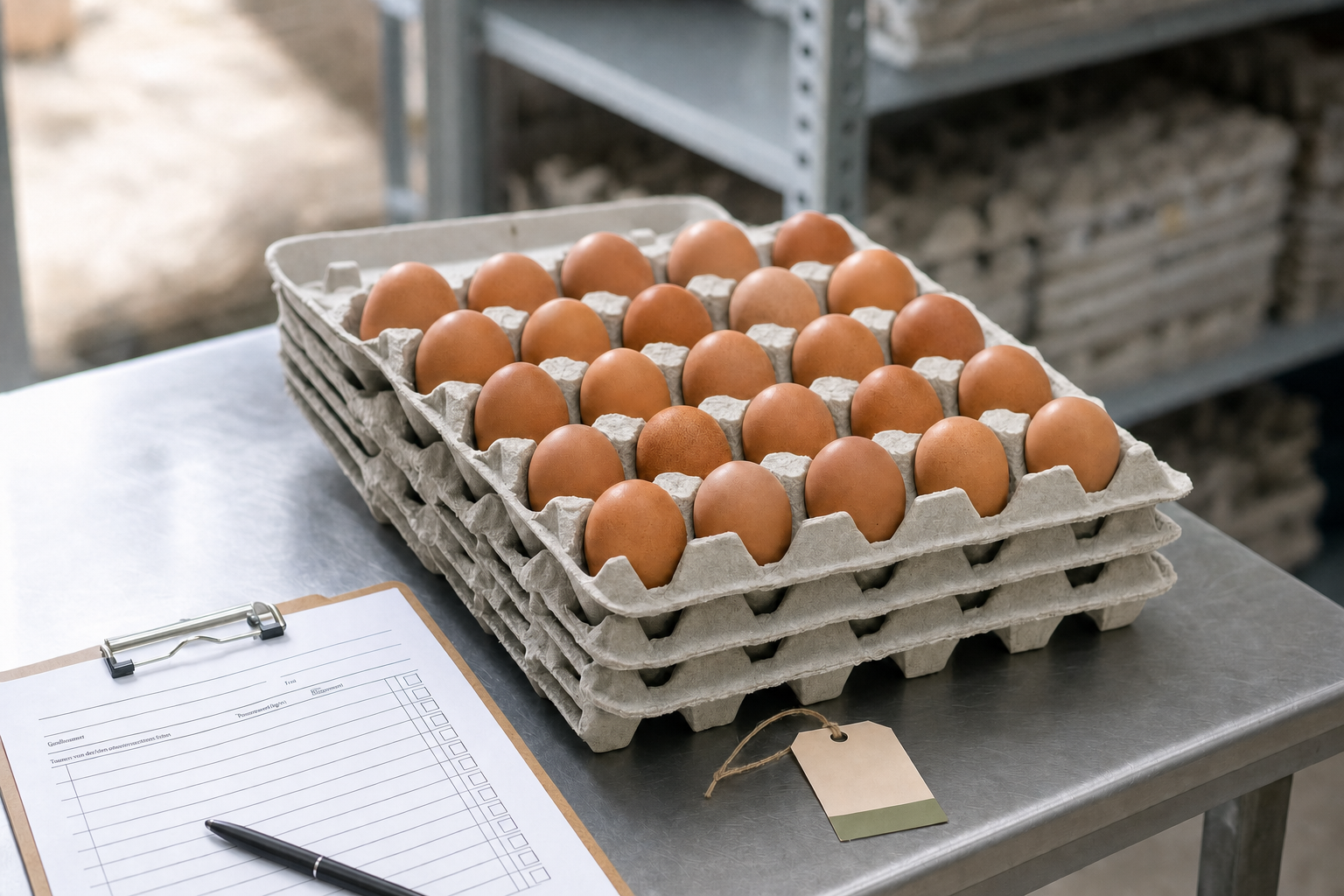 Carton trays of eggs stacked on a metal table beside a checklist and pen.