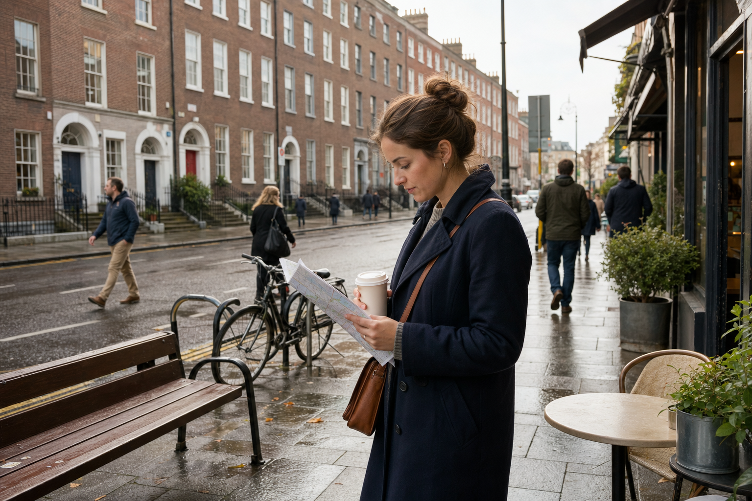 A woman stands on a city street holding a coffee cup and reading a map, with bicycles and people in the background.