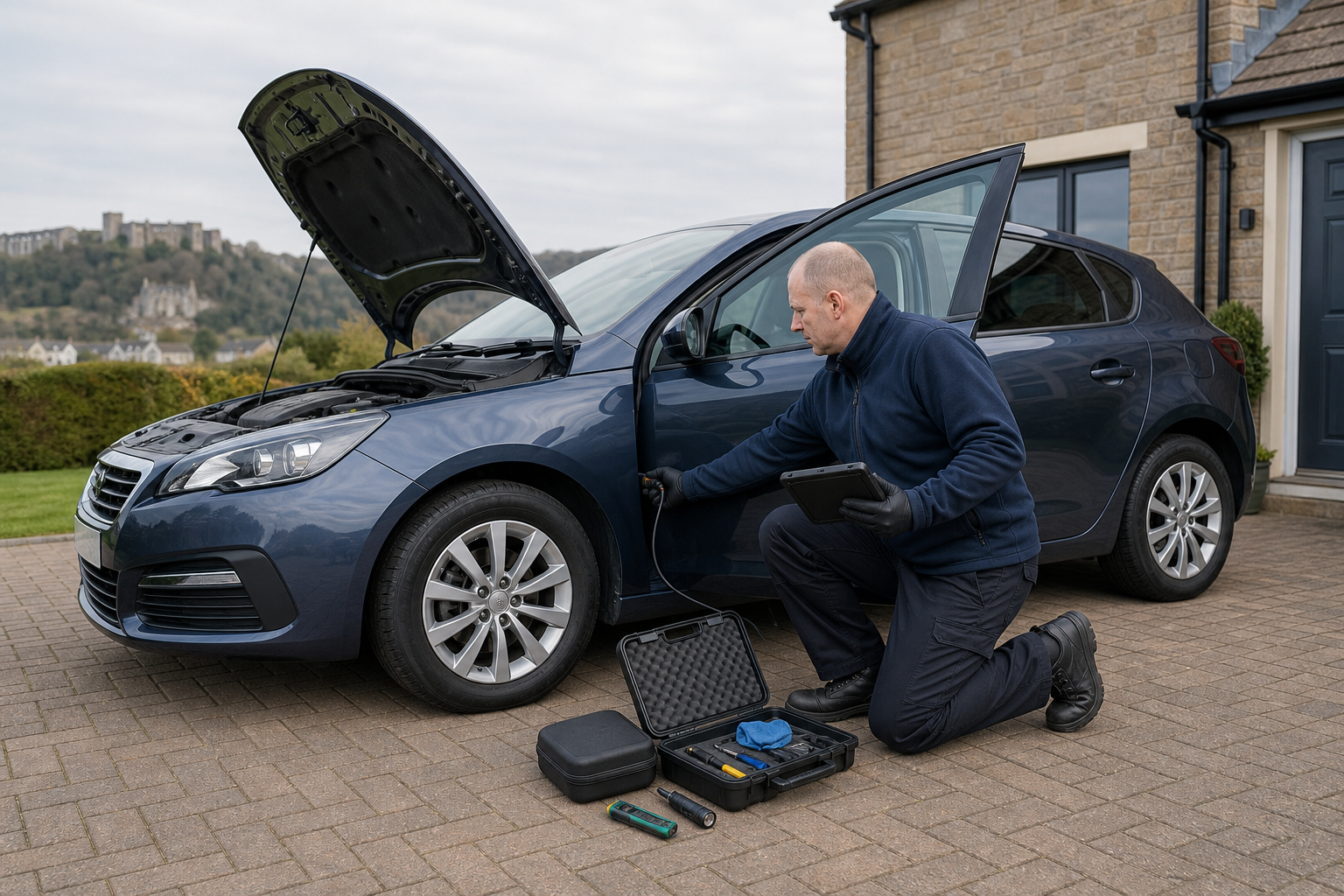 Mechanic inspects a car's engine with diagnostic equipment on a driveway.