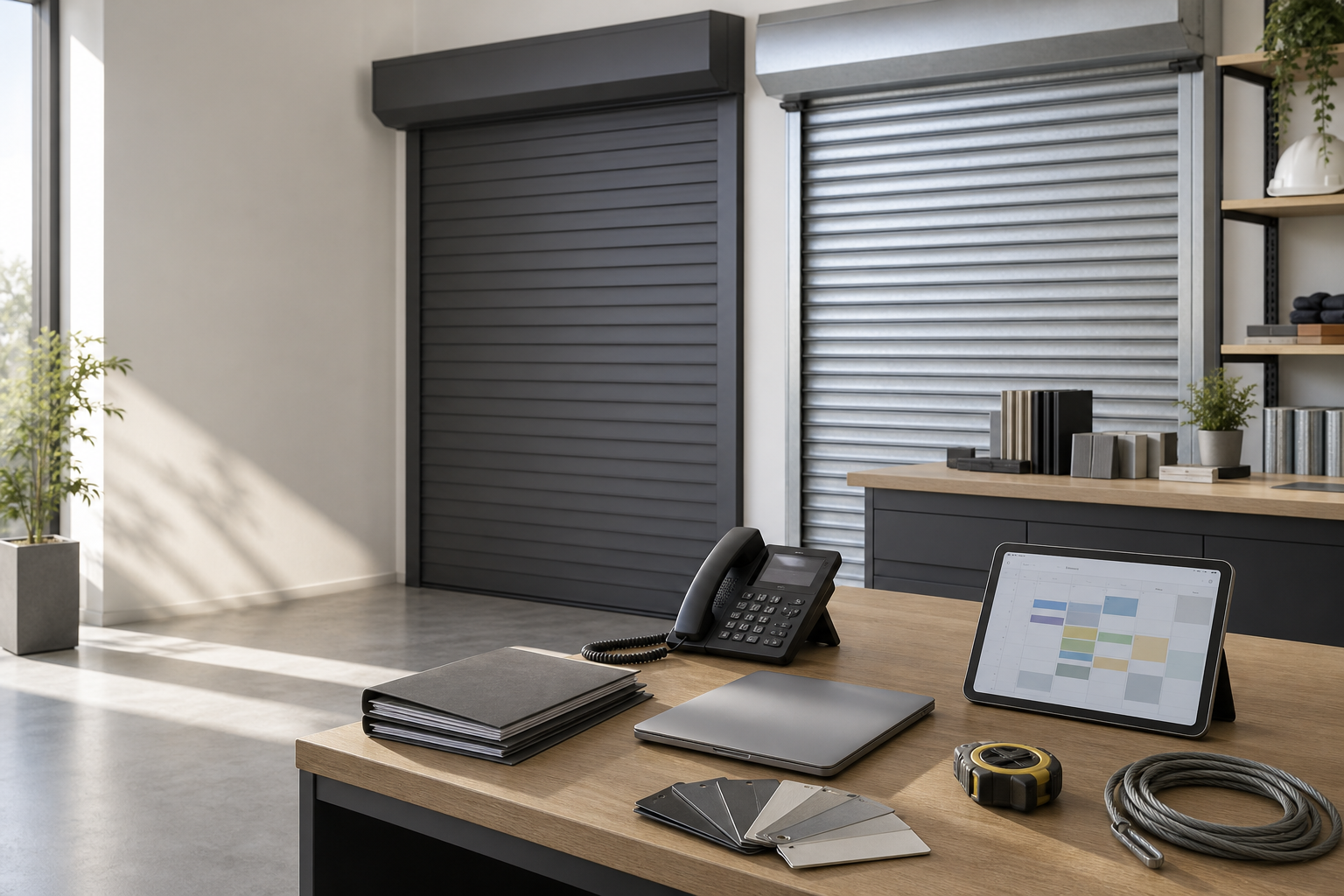 Modern office space with desk items, rolling shutters, and natural light from large windows.
