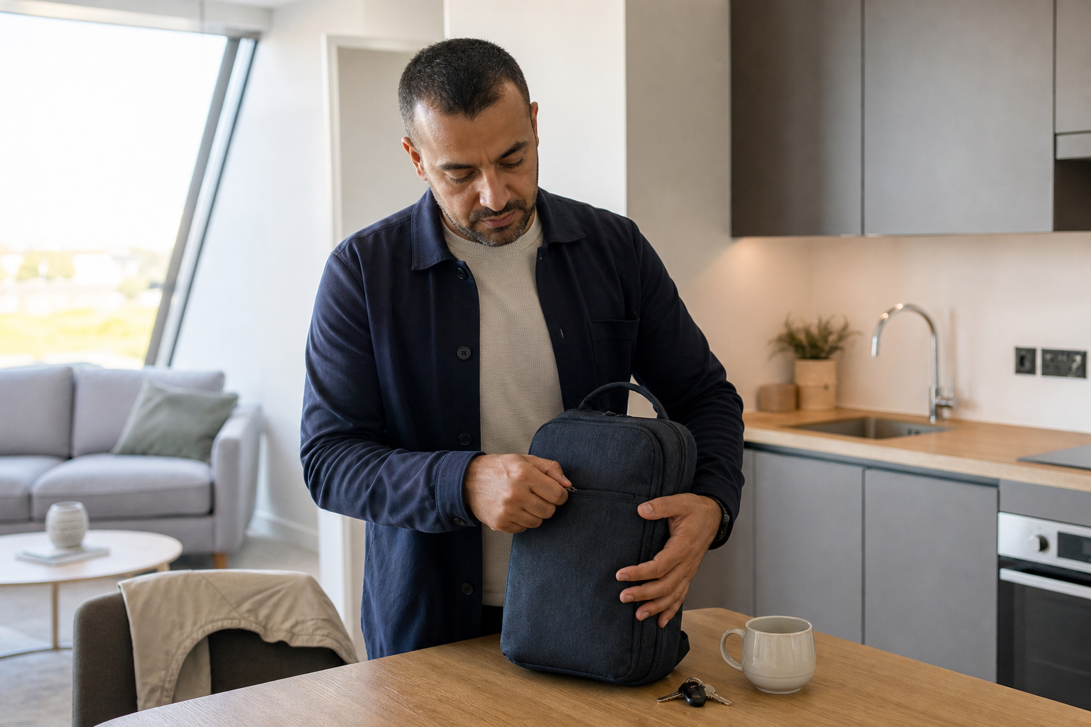 Man in a modern kitchen packing a dark backpack on a wooden table near a mug and keys.