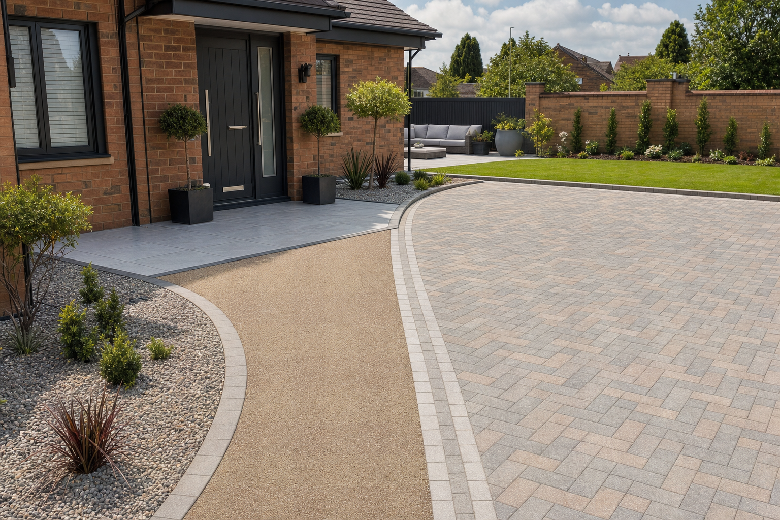 Modern home entrance with a landscaped garden, block paving, and a gravel path leading to a grey front door.