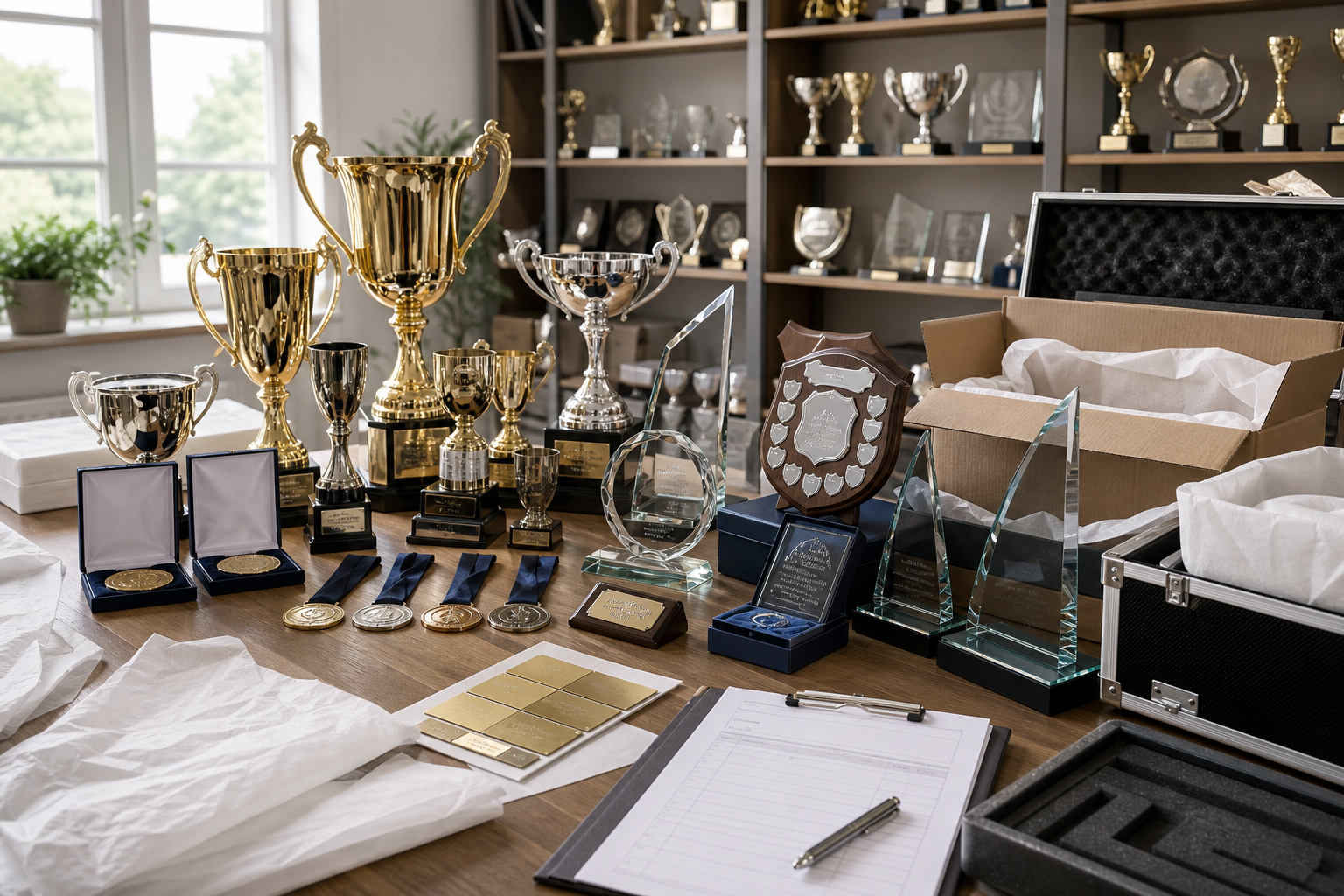 A table filled with various trophies, medals, and plaques in an awards room.