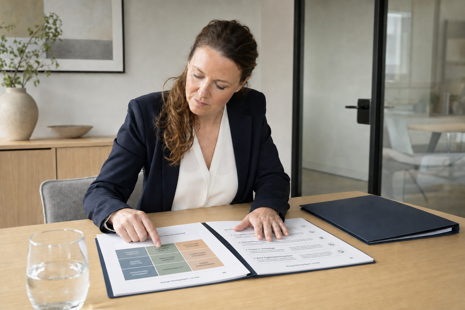 A woman in a blazer reviews documents in a modern office setting.