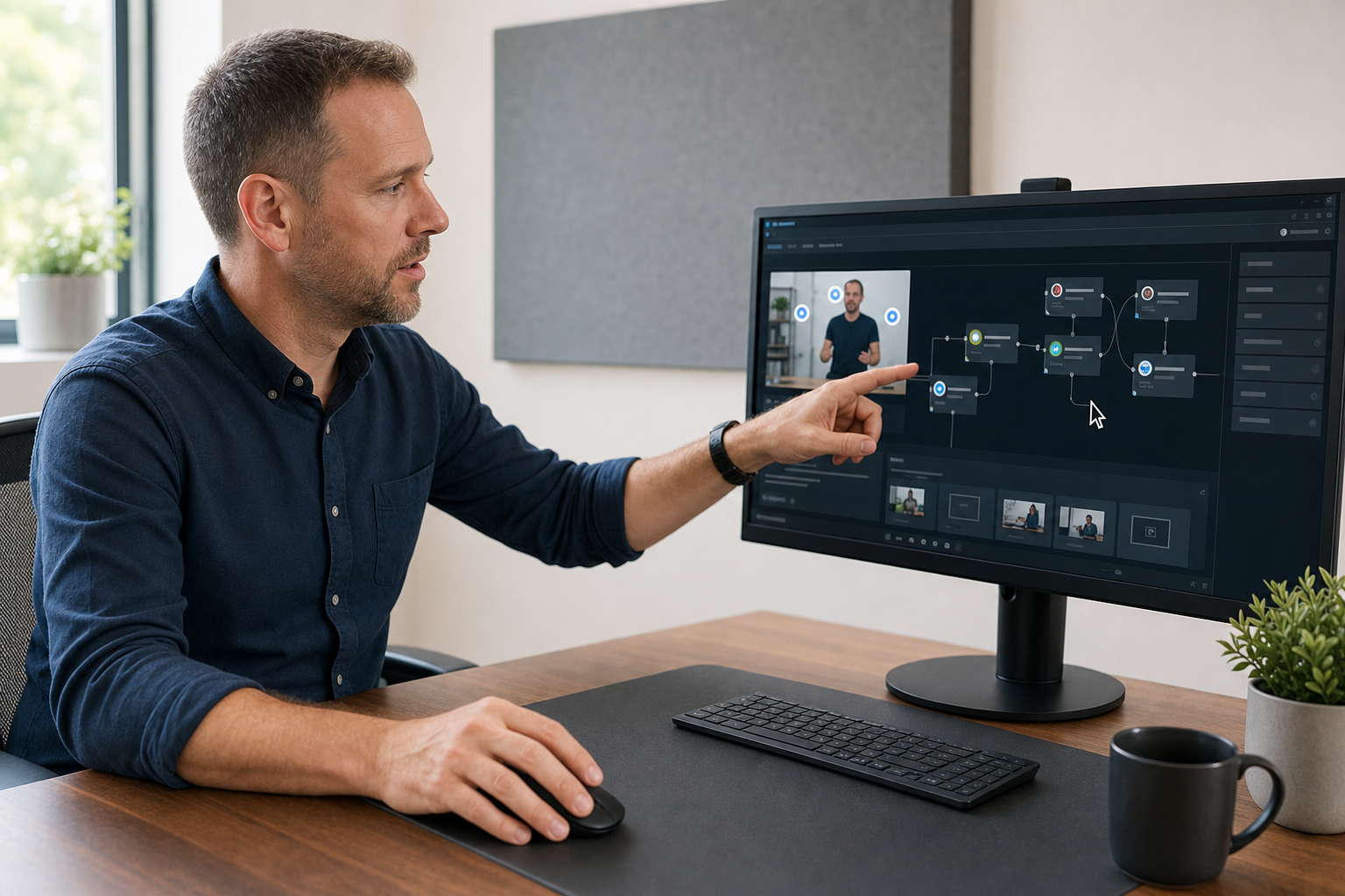 Man sitting at a desk, pointing at a flowchart on a computer screen.