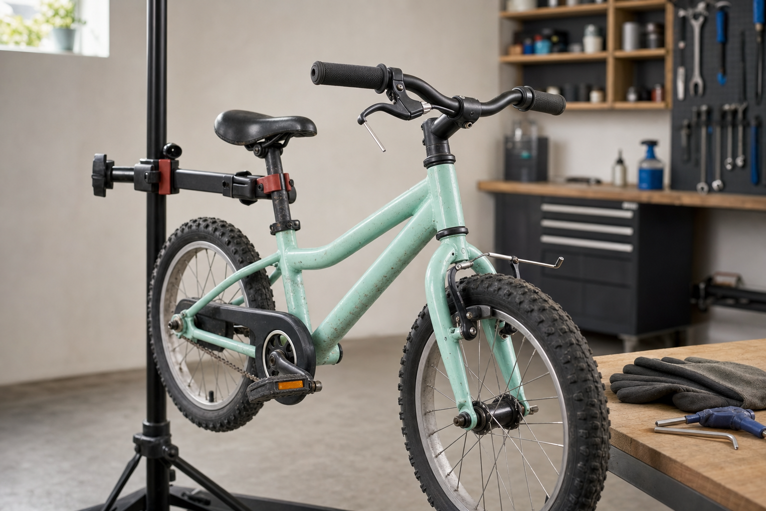 A small green bicycle is mounted on a repair stand in a tidy workshop with tools on a shelf and table.