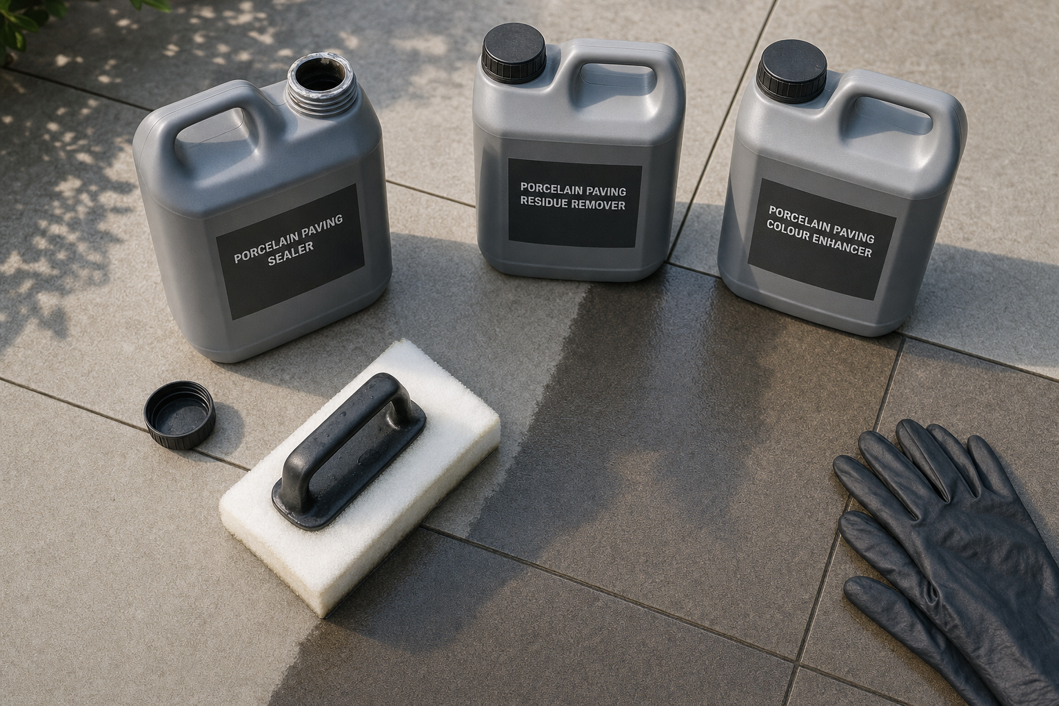 Three bottles of porcelain paving treatments, a scrubbing pad, and gloves on a tiled surface.