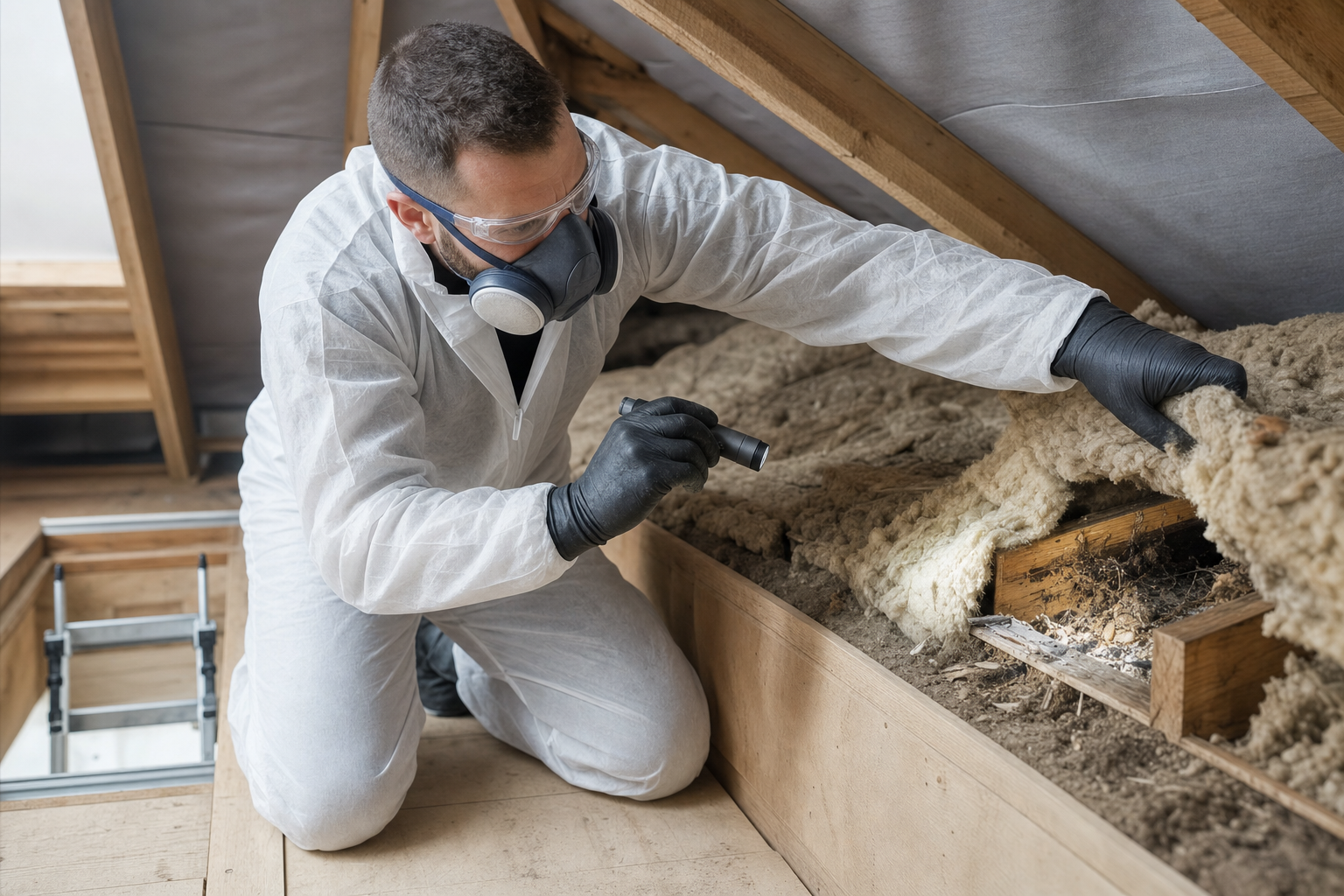 Technician in protective gear inspecting attic insulation for damage.