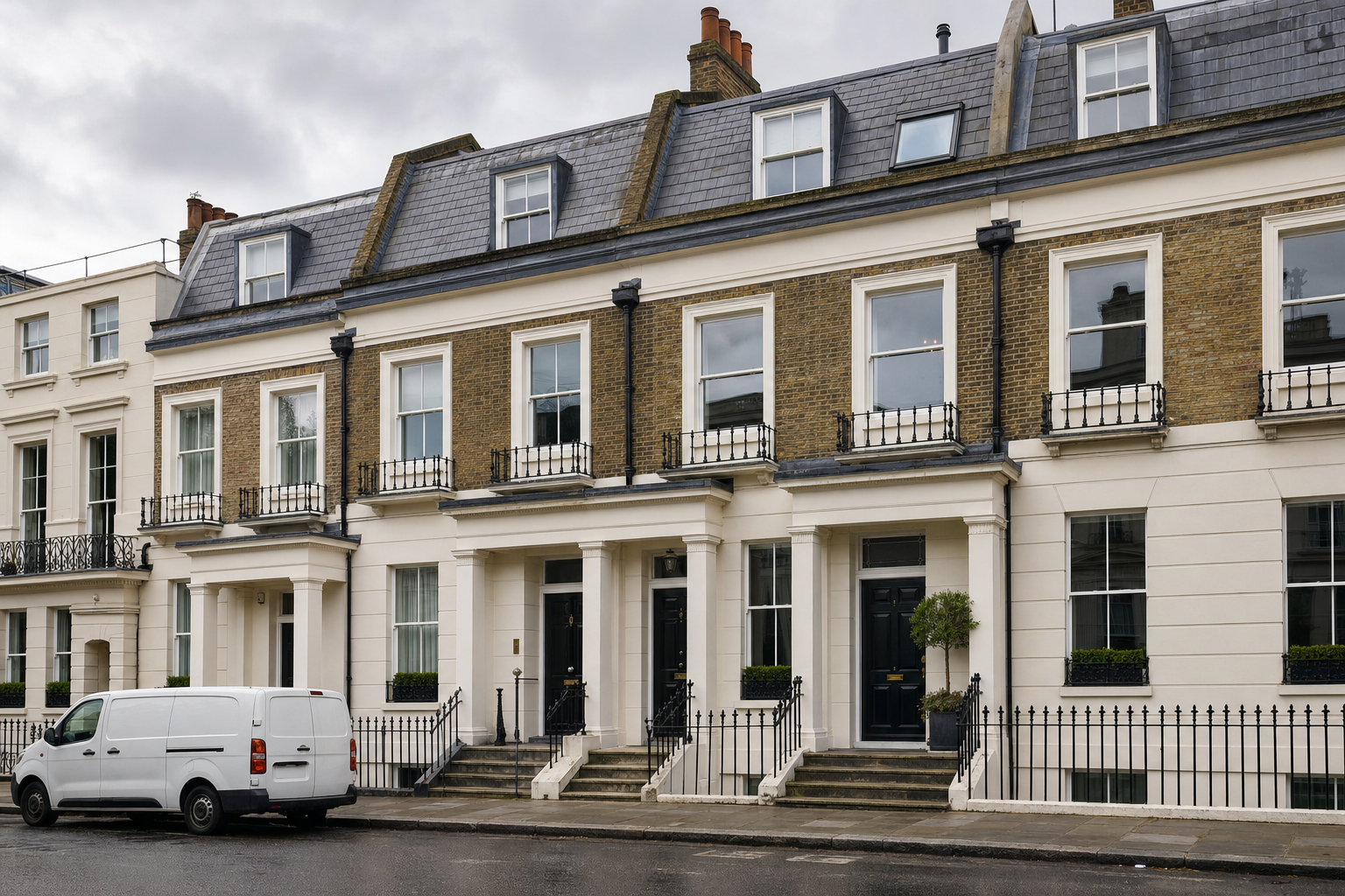 Victorian terraced houses with a white van parked on a wet street in front.
